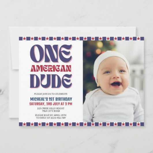 アメリカ人の男の子が7月1日の誕生日の4日 招待状 (正面)