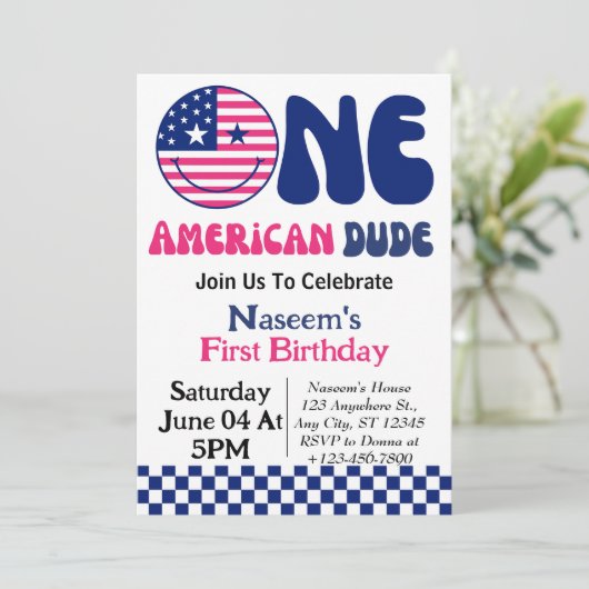 アメリカ人の男の子7月の4th男の子の最初の誕生日 招待状 (スタンド正面)