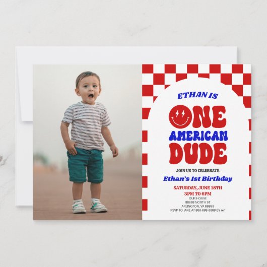 アメリカ人の男の子7月1日の誕生日パーティー 招待状 (正面)