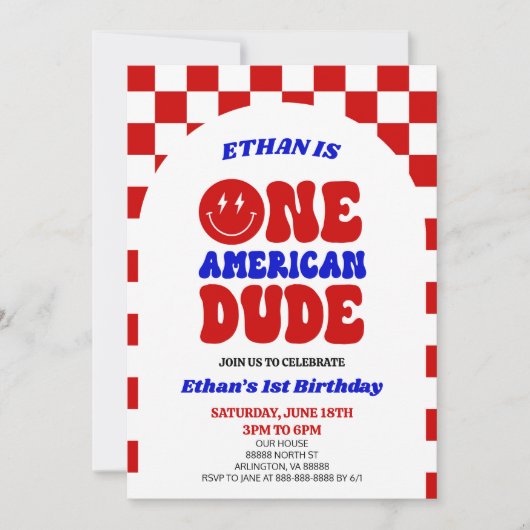 アメリカ人の男の子7月1日の誕生日パーティー 招待状 (正面)