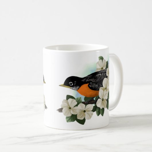 アメリカ人ロビンおよびミズキの花のマグ コーヒーマグカップ (正面右)