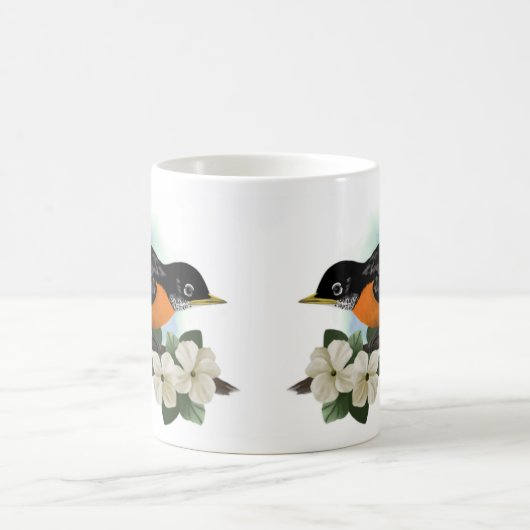 アメリカ人ロビンおよびミズキの花のマグ コーヒーマグカップ (中央)