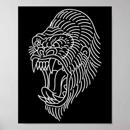 アメリカ伝統的のゴリラ頭輪郭タトゥー ポスター (正面)