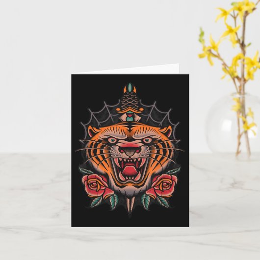 アメリカ伝統的タイガー・タトゥー カード (黄色い花)