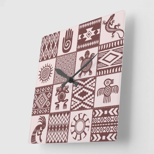 アメリカ先住民の民族記号ブラウンパターン スクエア壁時計 (傾斜)