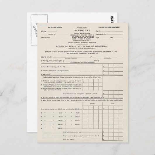 アメリカ初の所得税型枠はがき ポストカード (正面/裏面)