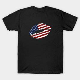 アメリカ動揺して国旗の唇 Tシャツ