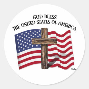 アメリカ合衆国に神の祝福を 十字架と米国旗 ラウンドシール