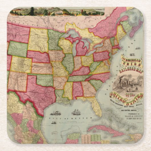 アメリカ合衆国のアメリカ連合鉄道地図1872年 スクエアペーパーコースター (正面)
