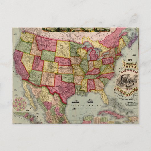 アメリカ合衆国のアメリカ連合鉄道地図1872年 ポストカード (正面)