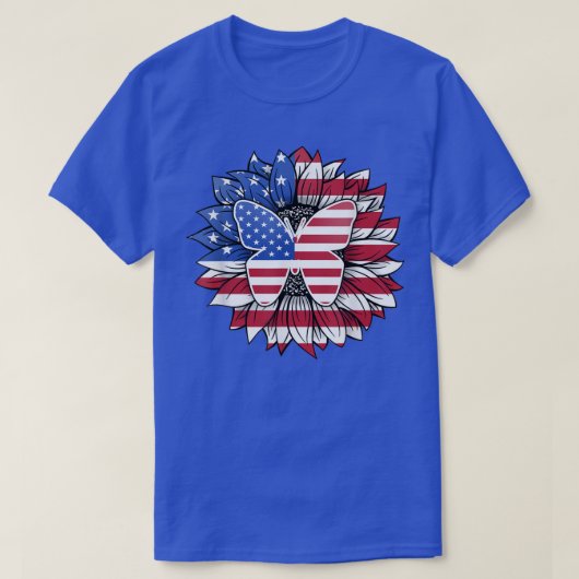 アメリカ合衆国のバタフライを持つ愛国的なひまわり4日 Tシャツ (デザイン正面)