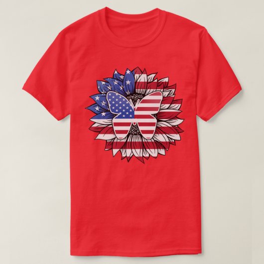 アメリカ合衆国のバタフライを持つ愛国的なひまわり4日 Tシャツ (デザイン正面)
