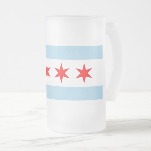 アメリカ合衆国シカゴ国旗を掲げた曇りガラス製マグカップ フロストグラスビールジョッキ (正面右)