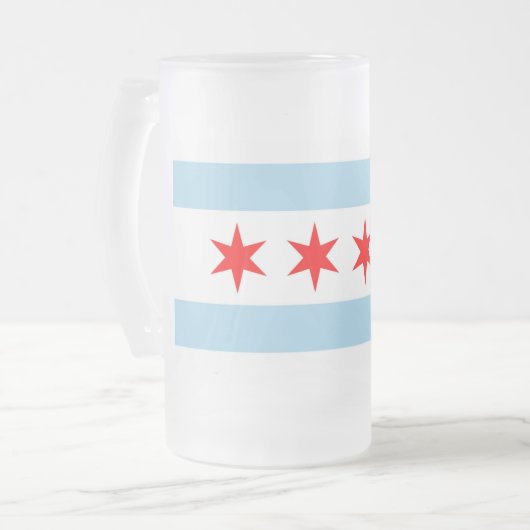 アメリカ合衆国シカゴ国旗を掲げた曇りガラス製マグカップ フロストグラスビールジョッキ (正面左)