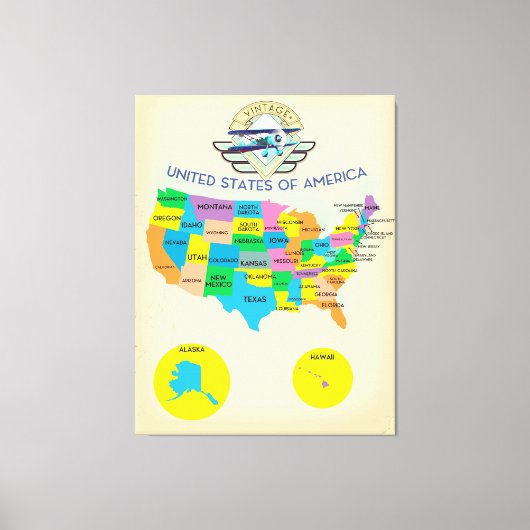 アメリカ合衆国ヴィンテージスタイル地図 キャンバスプリント (正面)