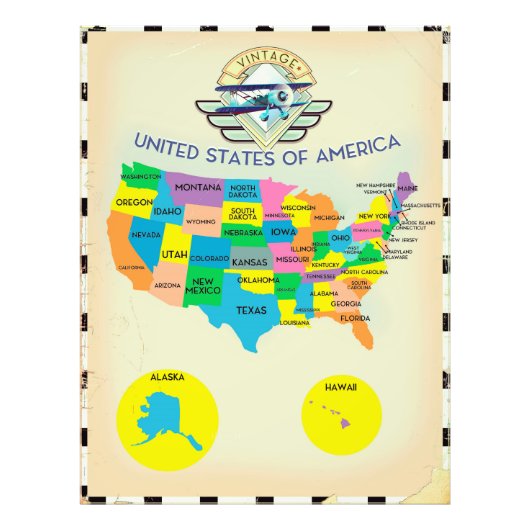 アメリカ合衆国ヴィンテージスタイル地図 フォトプリント            (正面)