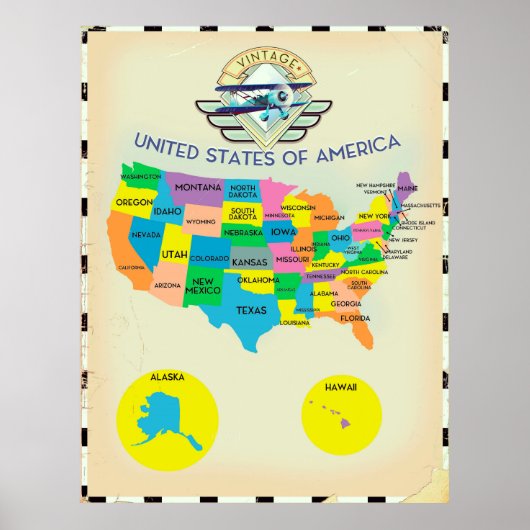 アメリカ合衆国ヴィンテージスタイル地図 ポスター (正面)
