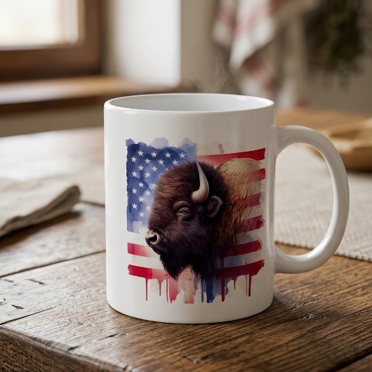 アメリカ合衆国国旗とバイソン コーヒーマグカップ