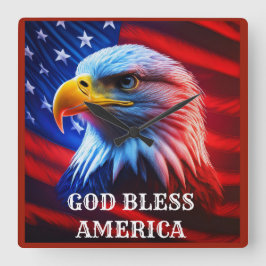アメリカ合衆国国旗のハゲのワシを祝福 スクエア壁時計
