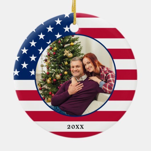 アメリカ合衆国国旗のパーソナライズされた写真 セラミックオーナメント (裏面)