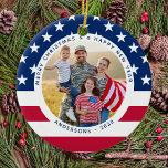 アメリカ合衆国国旗パーソナライズされた2の写真 セラミックオーナメント<br><div class="desc">アメリカ国旗のクリスマス装飾。この愛国的なスターとストライプのアメリカ国旗のクリスマス装飾は大切な記念品になる。オーナメントは両面で、2枚の写真をお気に入りの各サイドに1枚ずつ行うことができる。軍隊、愛国心のある家族、そしてアメリカ国旗を愛するすべての人々に最適。前面にパーソナライズされた名前と背面に日付。COPYRIGHT © 2020 Judy Burrows,  Black Dog Art - All Rights Reserved.アメリカ合衆国国旗パーソナライズされた写真セラミックオーナメント</div>
