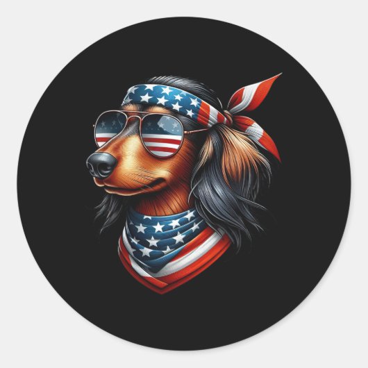 アメリカ合衆国国旗Sungles 7月4日Dachshund ラウンドシール (正面)