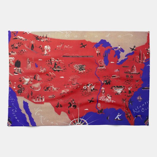 アメリカ合衆国旅行局のヴィンテージ地図 キッチンタオル (横)
