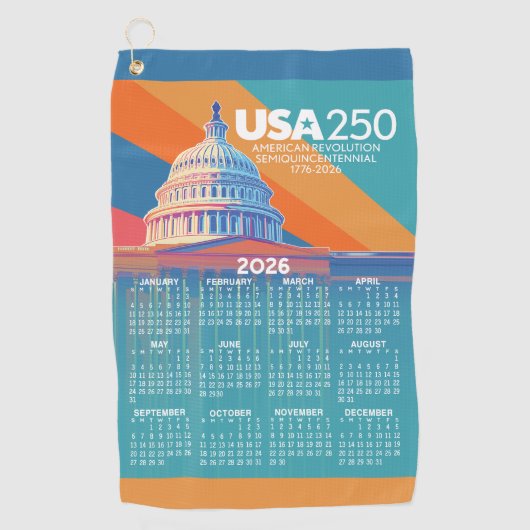 アメリカ合衆国250周年記念アメリカ国会議事堂の2026年カレンダー ゴルフタオル (正面)