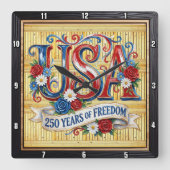 アメリカ合衆国250年 自由の巻物 スクエア壁時計 (正面)
