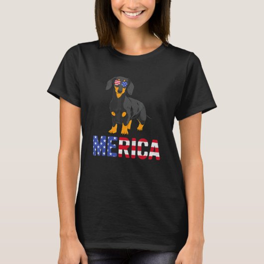 アメリカ合衆国 アメリカ国旗 ダックスフンド 犬 サングラス 愛国者 4 Tシャツ (正面)
