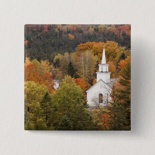 アメリカ合衆国,バーモント,教会付き秋の風景 缶バッジ (正面)