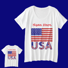 アメリカ合衆国 国旗 赤 個人名入り プラスサイズTシャツ