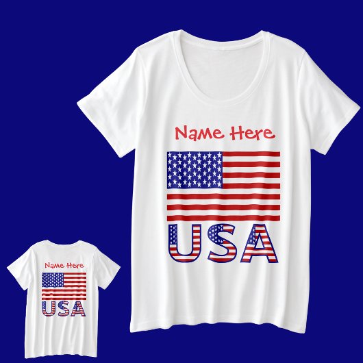 アメリカ合衆国 国旗 赤 個人名入り プラスサイズTシャツ