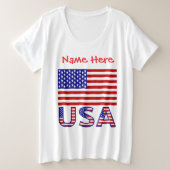 アメリカ合衆国 国旗 赤 個人名入り プラスサイズTシャツ (デザイン正面)