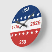 アメリカ合衆国 1776 2026 250周年 赤 白 青 ラウンド壁時計 (傾斜)