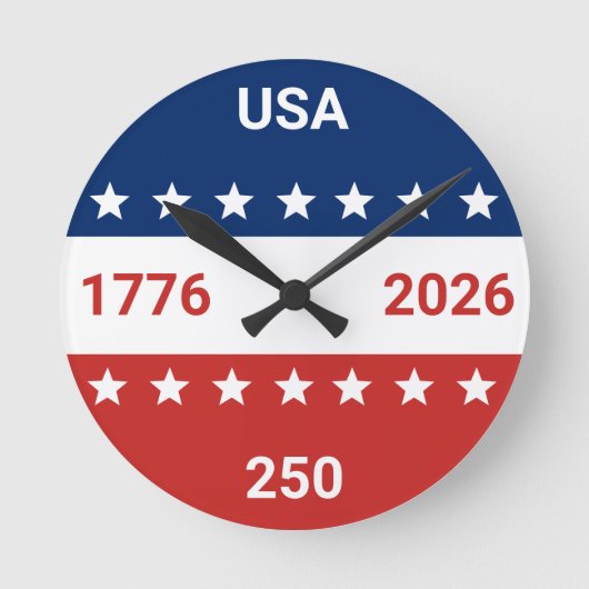 アメリカ合衆国 1776 2026 250周年 赤 白 青 ラウンド壁時計 (正面)