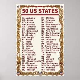 アメリカ合衆国 50州 略称 ゴールド ポスター