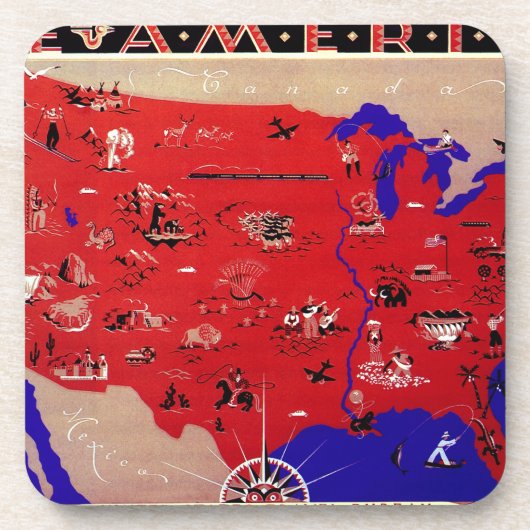 アメリカ合衆国、USAのビンテージ・アンティーク地図 コースター (正面)
