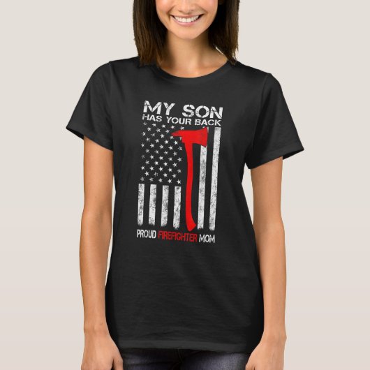 アメリカ国旗うちの息子が背中の炎誇りを持った戦 Tシャツ (正面)