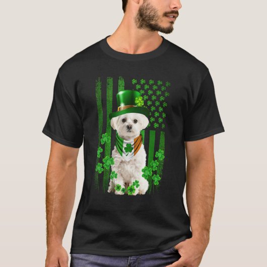 アメリカ国旗かわいいマルチーズドッグSt patricks dayイリ Tシャツ (正面)