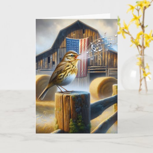 アメリカ国旗で歌うソングバード カード (黄色い花)