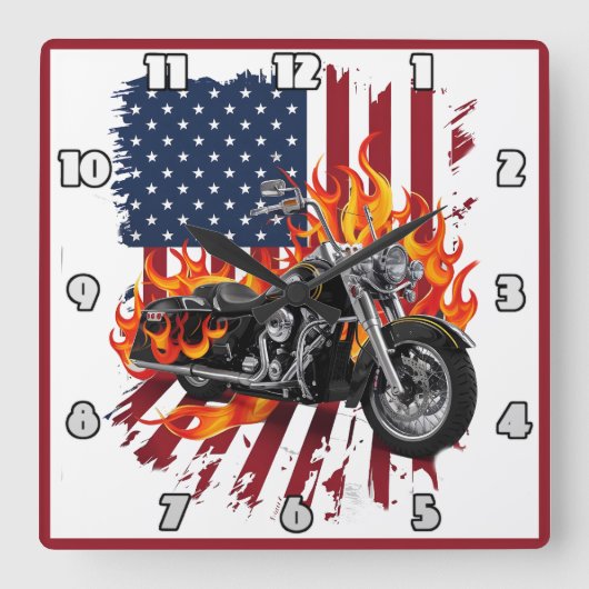 アメリカ国旗で燃えた自転車 スクエア壁時計 (正面)