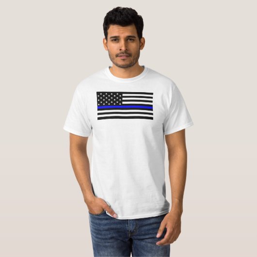 アメリカ国旗で青い線の細いサポート警察 Tシャツ (正面フル)
