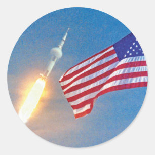 アメリカ国旗とアポロ11号の打ち上げ ラウンドシール