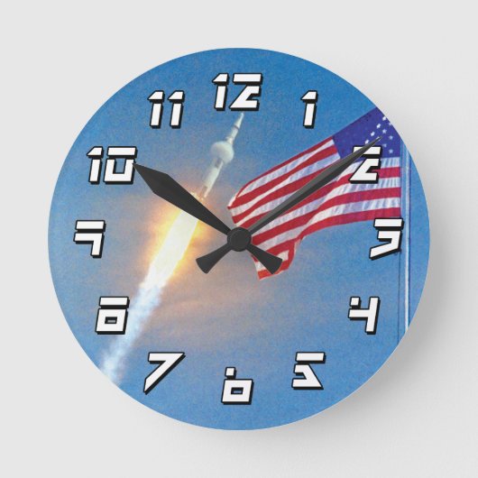 アメリカ国旗とアポロ11号の打ち上げ ラウンド壁時計 (正面)