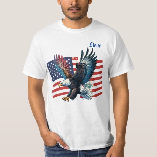 アメリカ国旗とアメリカンホークのメンズ Tシャツ (正面)