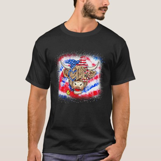 アメリカ国旗とサングラスをした牛のバンダナ 7月4日 Tシャツ (正面)