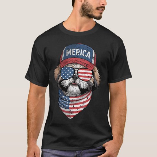アメリカ国旗とシー・ズー 7月4日 アメリカ独立記念日の犬 Tシャツ (正面)