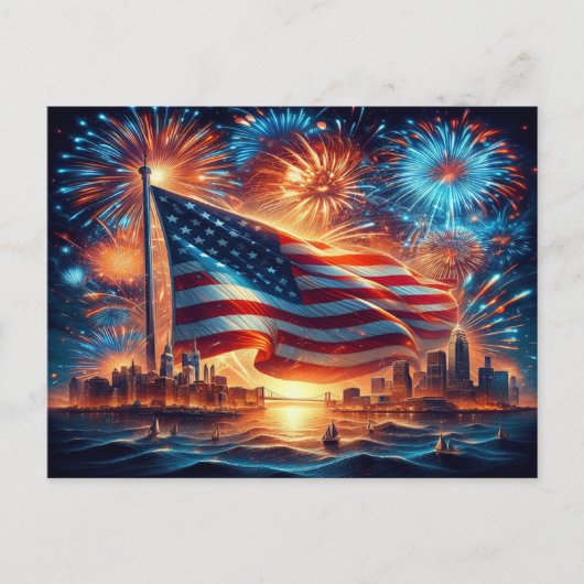 アメリカ国旗とニューヨークを持つ愛国的デザイン シーズンポストカード (正面)