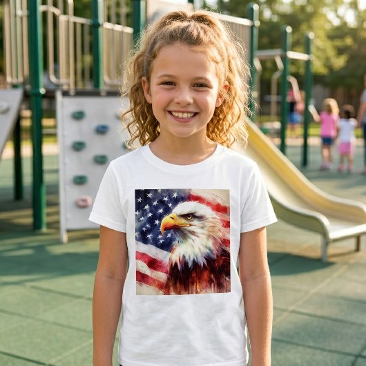 アメリカ国旗とハクトウワシの肖像画 Tシャツ